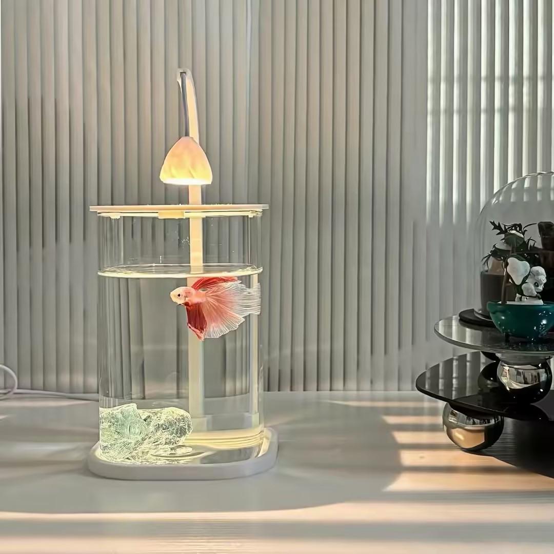 Planted Aquarium Betta - 360 ° ตู้ปลาตั้งโต๊ะแบบพาโนรามาใสพร้อมไฟ LED ตกแต่ง ตู้เลี้ยงปลาขนาดเล็กโปร่งใสสำหรับปลาเบต้า