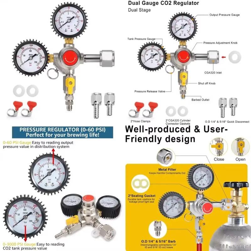 Co2 Regulator Dual Stage - ตัวควบคุม CO2 สำหรับเบียร์สด แรงดันขาออก 60PSI แบบสองระดับ